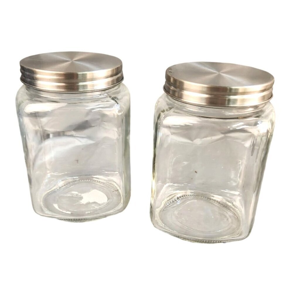 Clear Glass Storage Jars With Stainless Steel Lids - Set Of 2